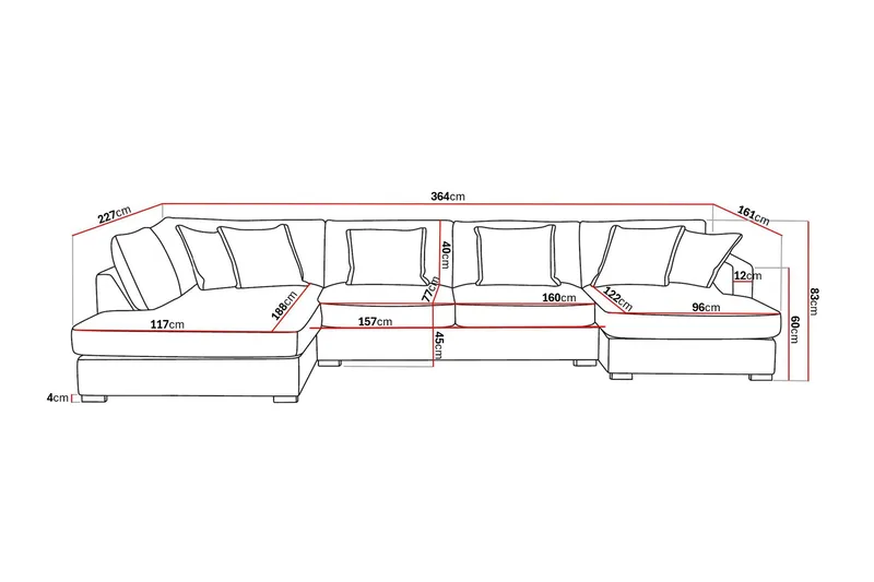 Rossita Lyx 5-seters venstrevendt U-formet ekstra dyp sofa med divan og sjeselong i chenille - Svart - Møbler - Sofaer - U-sofa