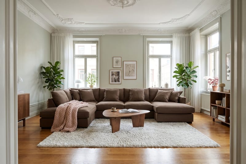Rossita Lyx 5-seters venstrevendt U-formet ekstra dyp sofa med divan og sjeselong i manchester - Mørkebrun - Møbler - Sofaer - U-sofa