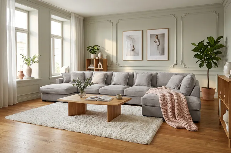 Rossita Lyx 6-seters høyrevendt U-formet ekstra dyp sofa med divan og sjeselong i chenille - Grå/Brun - Møbler - Sofaer - U-sofa