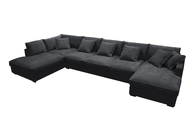 Rossita Lyx 6-seters høyrevendt U-formet ekstra dyp sofa med divan og sjeselong i chenille - Svart - Møbler - Sofaer - U-sofa