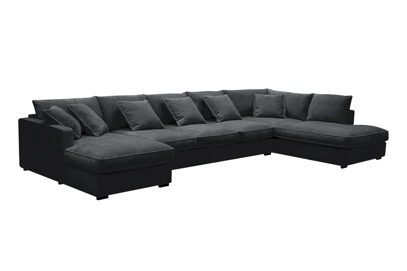 Rossita Lyx 6-seters høyrevendt U-formet ekstra dyp sofa med divan og sjeselong i chenille - Trenza 01, Svart Chenille - Møbler - Sofaer - U-sofa