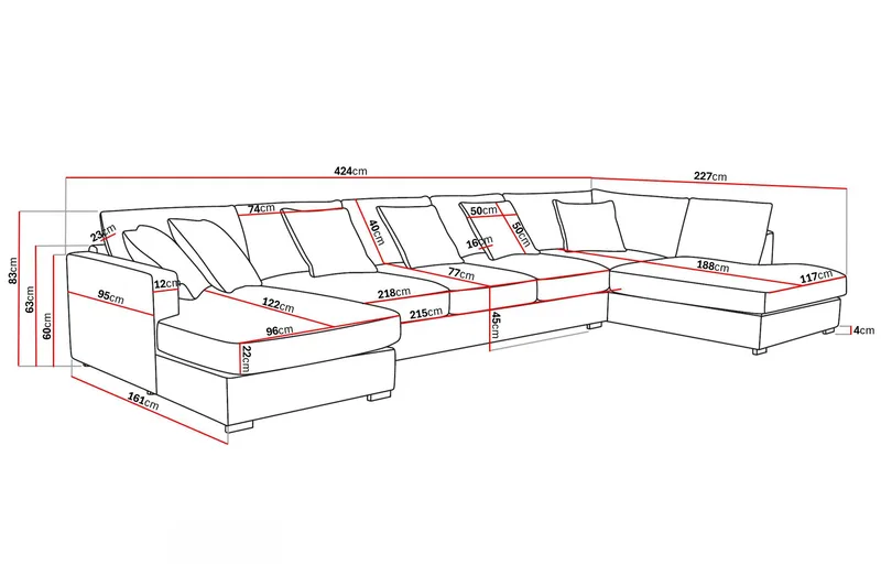 Rossita Lyx 6-seters høyrevendt U-formet ekstra dyp sofa med divan og sjeselong i chenille - Trenza 01, Svart Chenille - Møbler - Sofaer - U-sofa