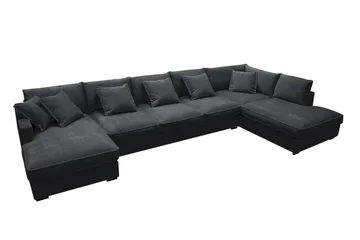 Rossita Lyx 6-seters høyrevendt U-formet ekstra dyp sofa med divan og sjeselong i chenille - Trenza 01, Svart Chenille - Møbler - Sofaer - U-sofa
