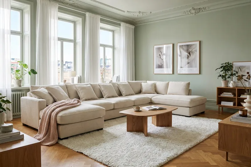 Rossita Lyx 6-seters høyrevendt U-formet ekstra dyp sofa med divan og sjeselong i chenille - Trenza 06, Beige Chenille - Møbler - Sofaer - U-sofa