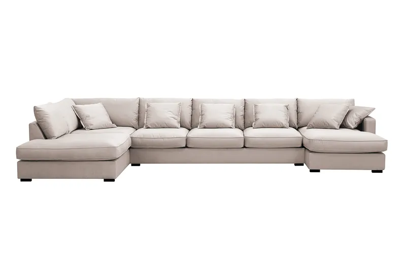 Rossita Lyx 6-seters høyrevendt U-formet ekstra dyp sofa med divan og sjeselong i fløyel, Beige