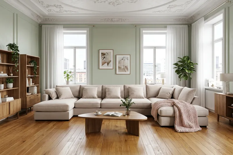 Rossita Lyx 6-seters høyrevendt U-formet ekstra dyp sofa med divan og sjeselong i fløyel - Beige - Møbler - Sofaer - U-sofa
