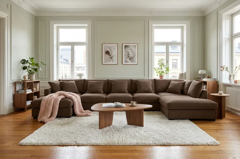 Rossita Lyx 6-seters høyrevendt U-formet ekstra dyp sofa med divan og sjeselong i manchester - Mørkebrun - Møbler - Sofaer - U-sofa