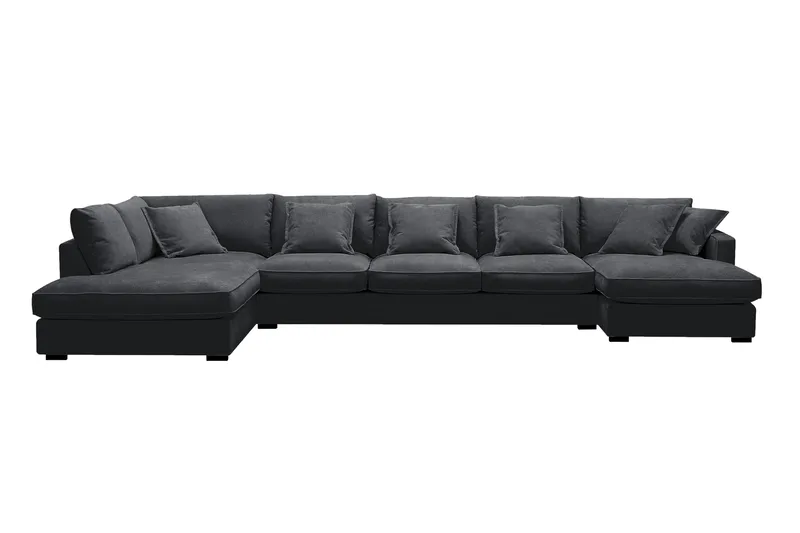 Rossita Lyx 6-seters venstrevendt U-formet ekstra dyp sofa med divan og sjeselong i chenille, Svart
