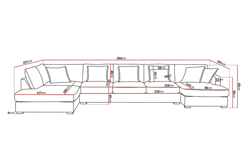 Rossita Lyx 6-seters venstrevendt U-formet ekstra dyp sofa med divan og sjeselong i chenille - Svart - Møbler - Sofaer - U-sofa