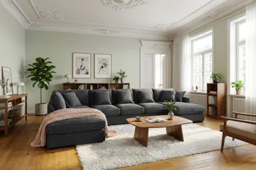 Rossita Lyx 6-seters venstrevendt U-formet ekstra dyp sofa med divan og sjeselong i chenille - Svart - Møbler - Sofaer - U-sofa