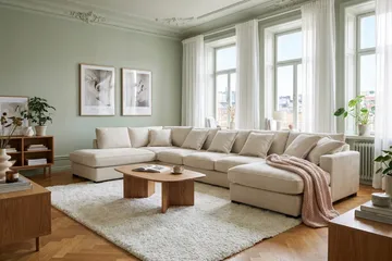 Rossita Lyx 6-seters venstrevendt U-formet ekstra dyp sofa med divan og sjeselong i chenille - Trenza 06, Beige Chenille - Møbler - Sofaer - U-sofa