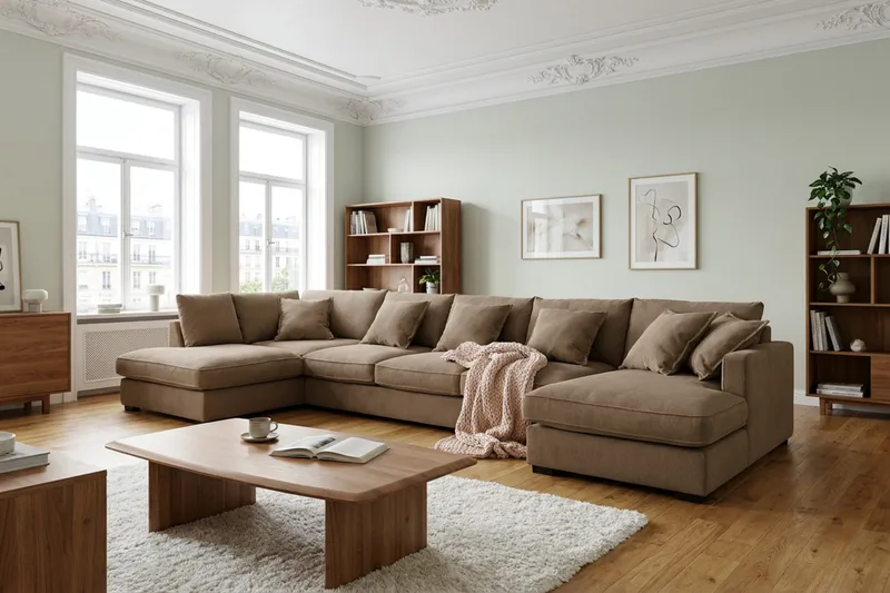Rossita Lyx 6-seters venstrevendt U-formet ekstra dyp sofa med divan og sjeselong i manchester - Lysebrun - Møbler - Sofaer - U-sofa