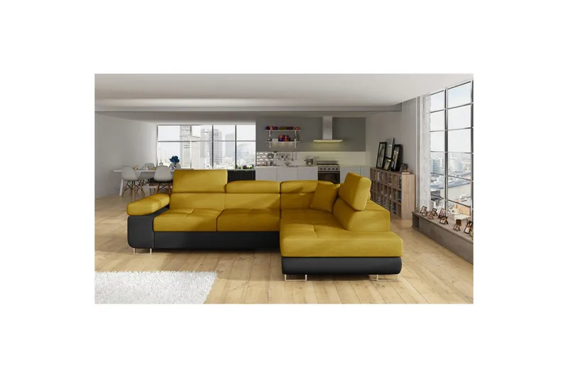 Seksjon Eltap Anton 272x203x85 cm - Omega 68, Soft 11, Gul, Svart, Høyre - Møbler - Sofaer - Sovesofaer