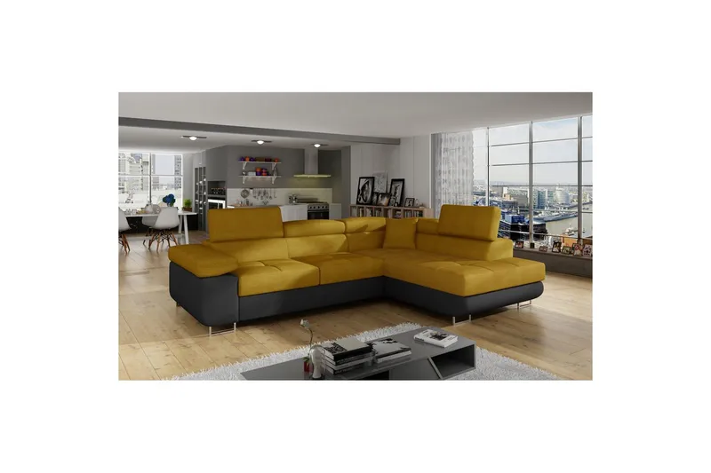 Seksjon Eltap Anton 272x203x85 cm - Omega 68, Soft 11, Gul, Svart, Høyre - Møbler - Sofaer - Sovesofaer