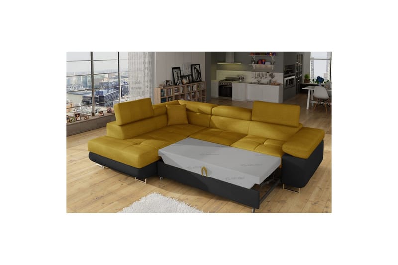 Seksjon Eltap Anton 272x203x85 cm - Omega 68, Soft 11, Gul, Svart, Venstre - Møbler - Sofaer - Sovesofaer