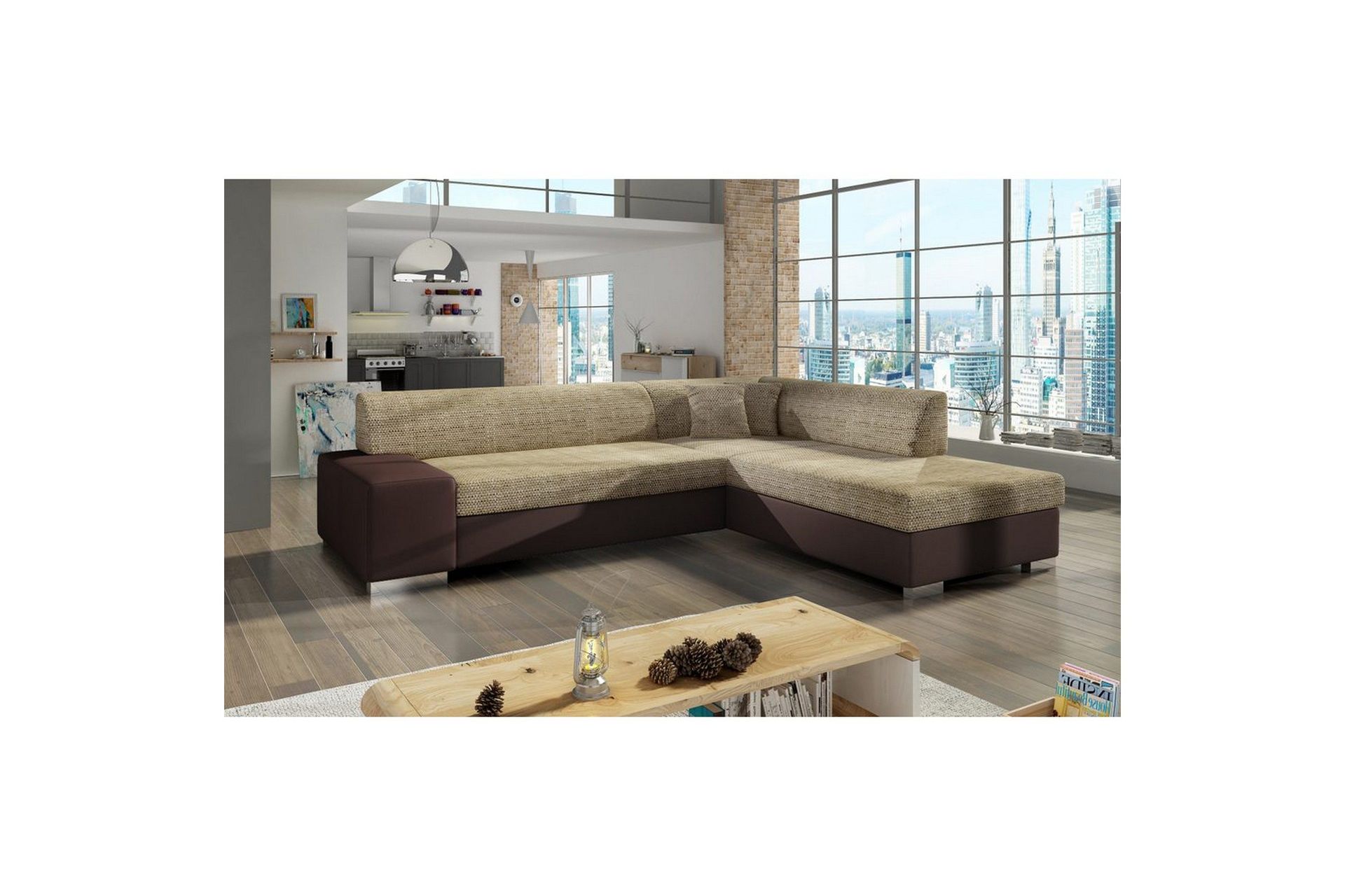 Seksjonssofa Eltap Porto 278x217x74 cm - Berlin 03, Myk 66, Beige, Mørk Brun, Høyre