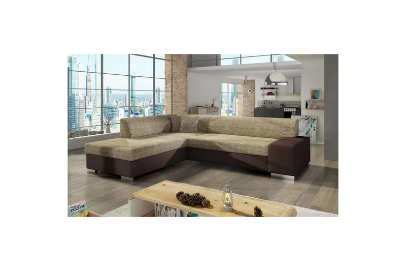 Seksjonssofa Eltap Porto 278x217x74 cm - Berlin 03, Myk 66, Beige, Mørk Brun, Venstre - Møbler - Sofaer - Sovesofaer