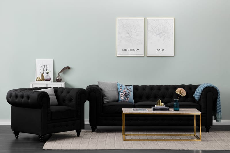 Chesterfield Lyx 3-seter Dyp sofa kunstskinn - Svart - Møbler - Sofaer - Skinnsofaer
