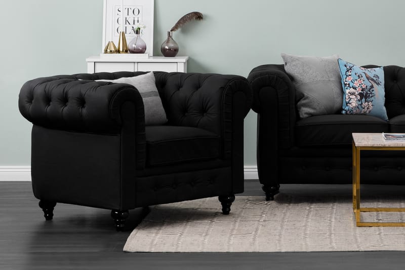 Chesterfield Lyx 3-seter Dyp sofa kunstskinn - Svart - Møbler - Sofaer - Skinnsofaer