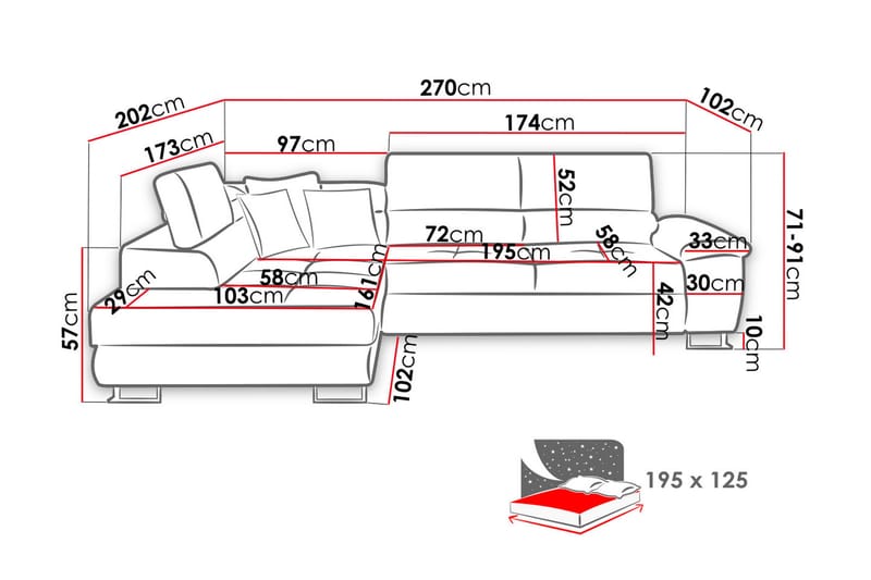 Cotere Hjørnesovesofa 270x203x71 cm - Møbler - Sofaer - Skinnsofaer