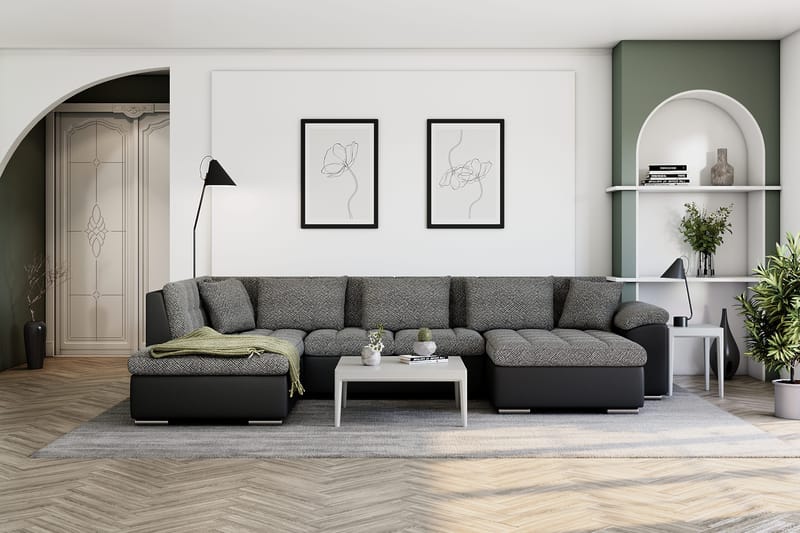 Dynir Stor Hjørnesovesofa Divan med Oppbevaring Høyre 350 cm - Svart / Grå - Møbler - Sofaer - Skinnsofaer