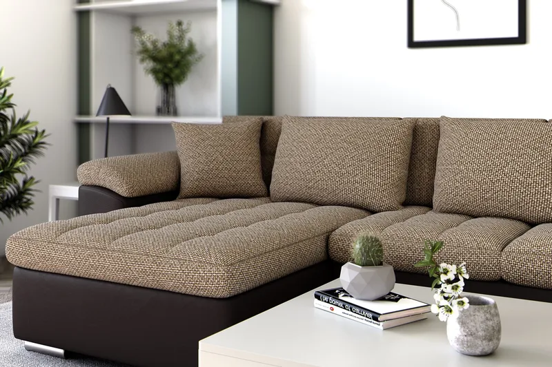 Dynir Stor Hjørnesovesofa Divan med Oppbevaring Venstre 350 cm bred - Beige / Brun - Møbler - Sofaer - Skinnsofaer