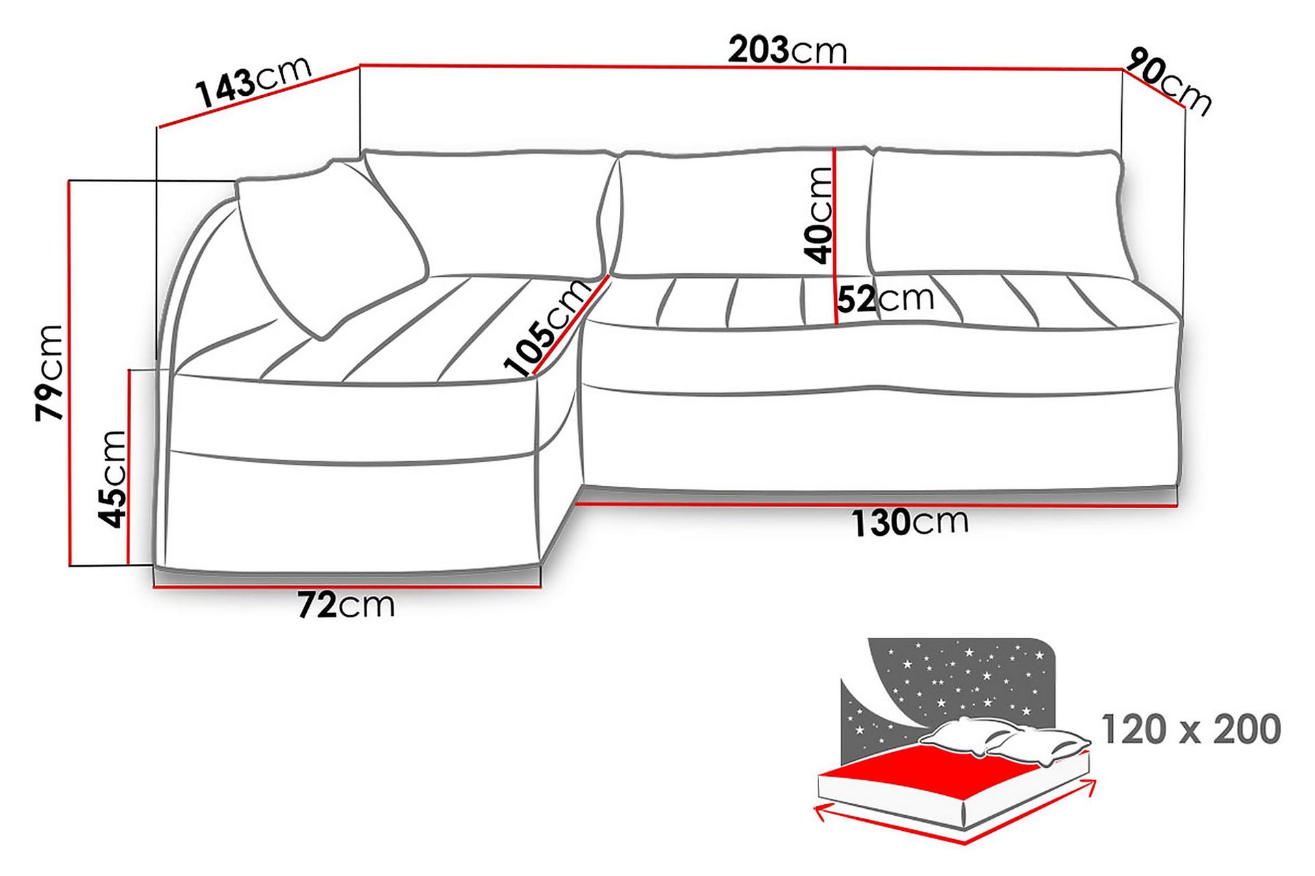 Frestelsens Hjørnesovesofa 203x143x79 cm - Møbler - Sofaer - Skinnsofaer
