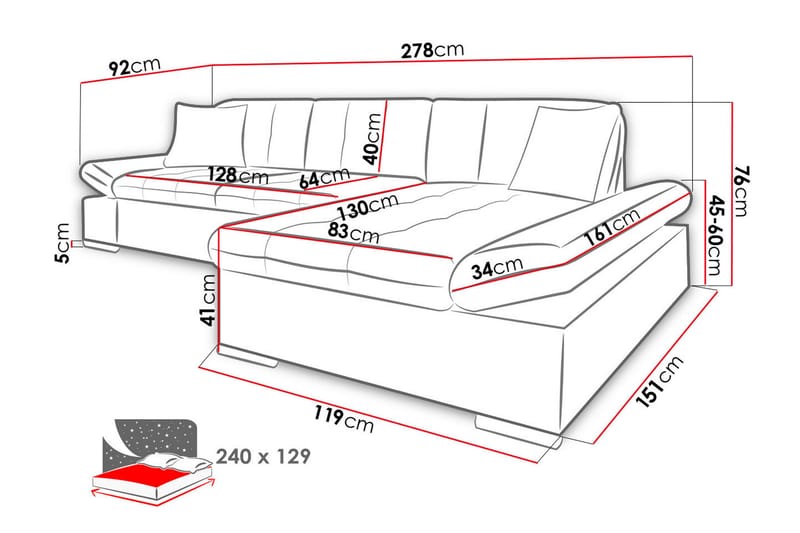 Malwi Divansovesofa 278x162x76 cm - Sovesofaer - Sovesofa divan - Skinnsofaer - Fløyel sofaer