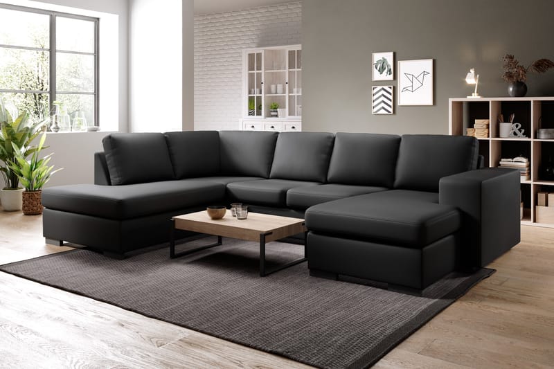 Memphis 4-seters Venstrevendt U-formet Sofa med Divan og Sjeselong i Kunstlær - Svart - Møbler - Sofaer - Skinnsofaer