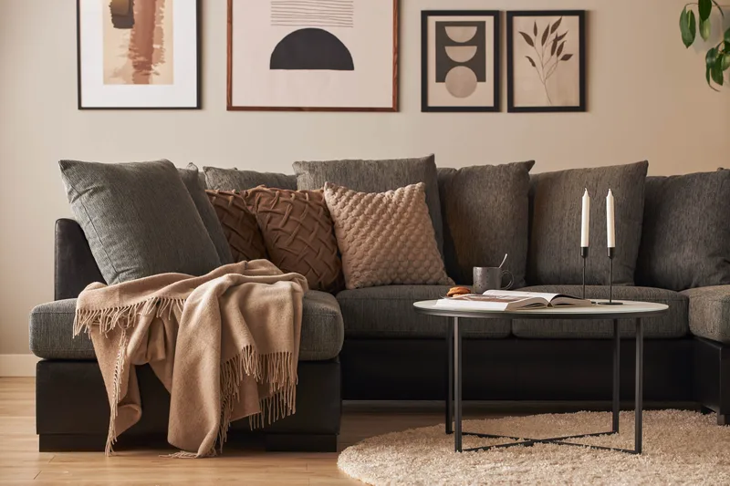 Ocean 4-seters Venstrevendt U-formet Sofa med Divan og Sjeselong i Kunstlær/Stoff - Grå / Svart - Møbler - Sofaer - Skinnsofaer