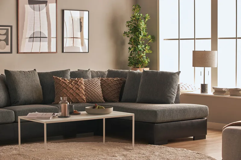 Ocean 5-seters Høyrevendt U-formet Large Sofa med Divan og Sjeselong i Kunstlær/Stoff - Grå / Svart - Møbler - Sofaer - U-sofa