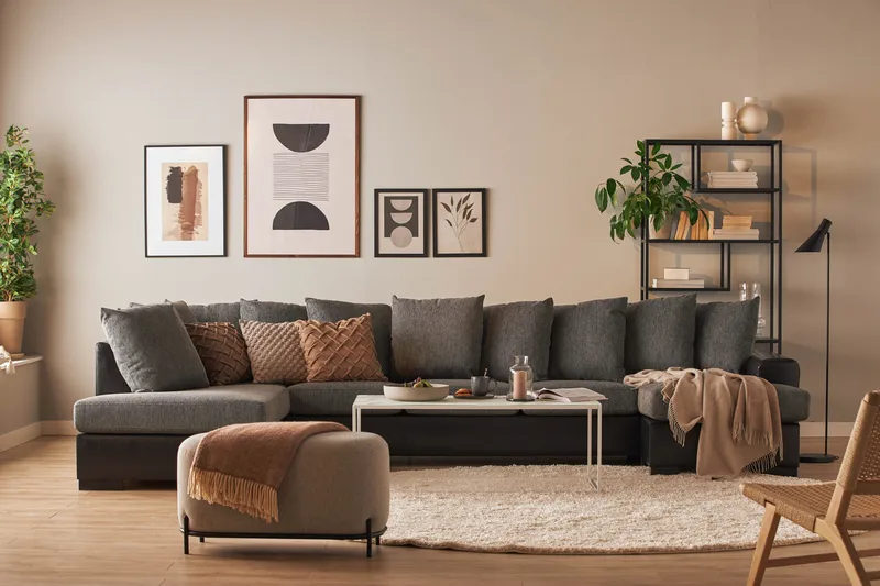 Ocean 5-seters Venstrevendt U-formet Large Sofa med Divan og Sjeselong i Kunstlær/Stoff - Grå / Svart - Møbler - Sofaer - Skinnsofaer