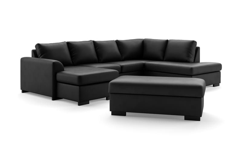 Porto 4-seters Høyrevendt U-formet Sofa med Divan og Sjeselong + Fotskammel i Kunstlær - Svart - Møbler - Sofaer - Skinnsofaer