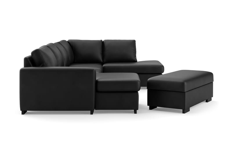 Porto 4-seters Høyrevendt U-formet Sofa med Divan og Sjeselong + Fotskammel i Kunstlær - Svart - Møbler - Sofaer - Skinnsofaer