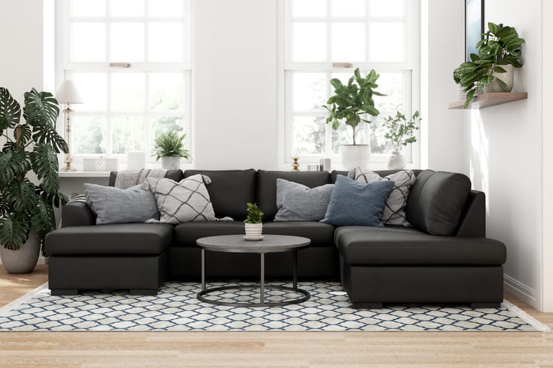 Porto 4-seters Høyrevendt U-formet Sofa med Divan og Sjeselong i Kunstskinn - Svart - Møbler - Sofaer - Skinnsofaer