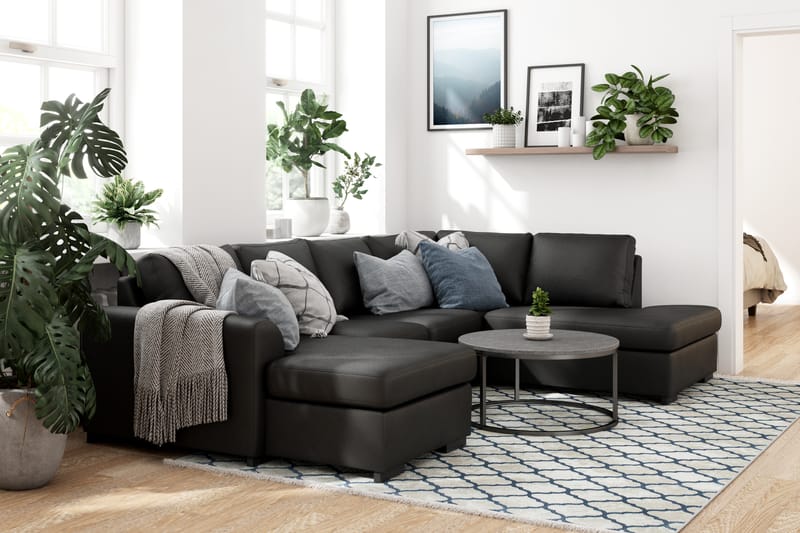 Porto 4-seters Høyrevendt U-formet Sofa med Divan og Sjeselong i Kunstskinn - Svart - Møbler - Sofaer - Skinnsofaer