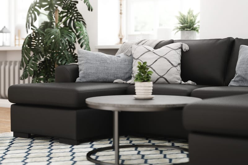 Porto 4-seters U-formet Sofa med Divan og Sjeselong i Kunstskinn - Svart - Møbler - Sofaer - Skinnsofaer