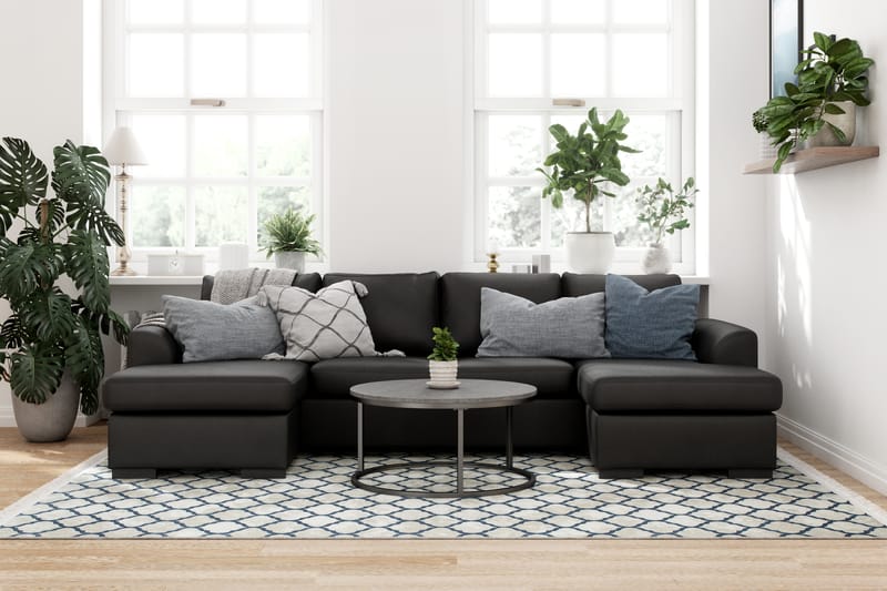 Porto 4-seters U-formet Sofa med Divan og Sjeselong i Kunstskinn - Svart - Møbler - Sofaer - Skinnsofaer