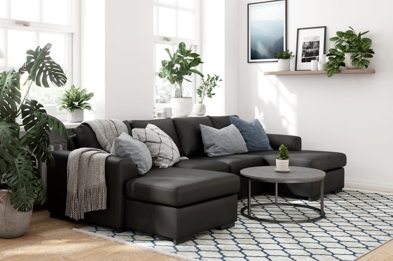 Porto 4-seters U-formet Sofa med Divan og Sjeselong i Kunstskinn - Svart - Møbler - Sofaer - Skinnsofaer