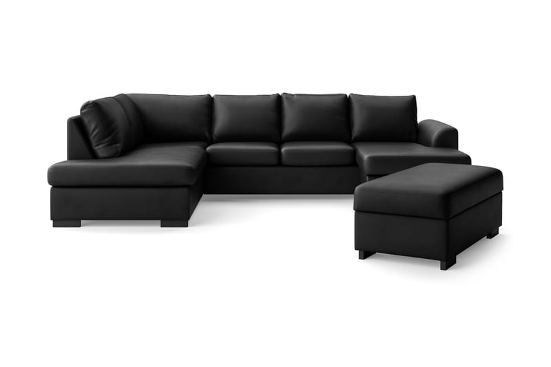 Porto 4-seters Venstrevendt U-formet Sofa med Divan og Sjeselong + Fotskammel i Kunstlær - Svart - Møbler - Sofaer - Skinnsofaer