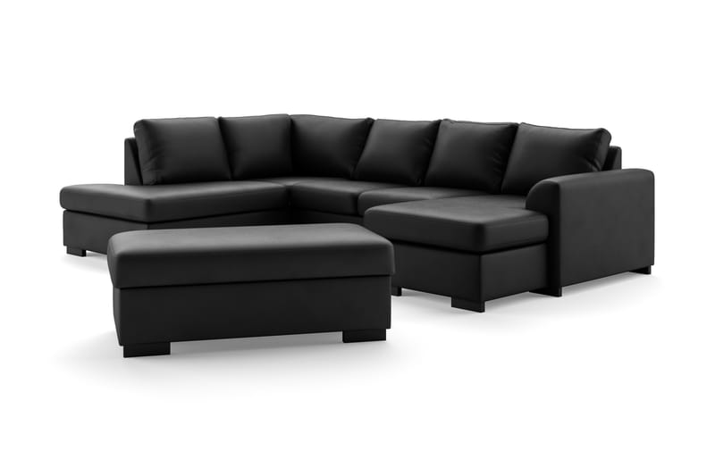 Porto 4-seters Venstrevendt U-formet Sofa med Divan og Sjeselong + Fotskammel i Kunstlær - Svart - Møbler - Sofaer - Skinnsofaer