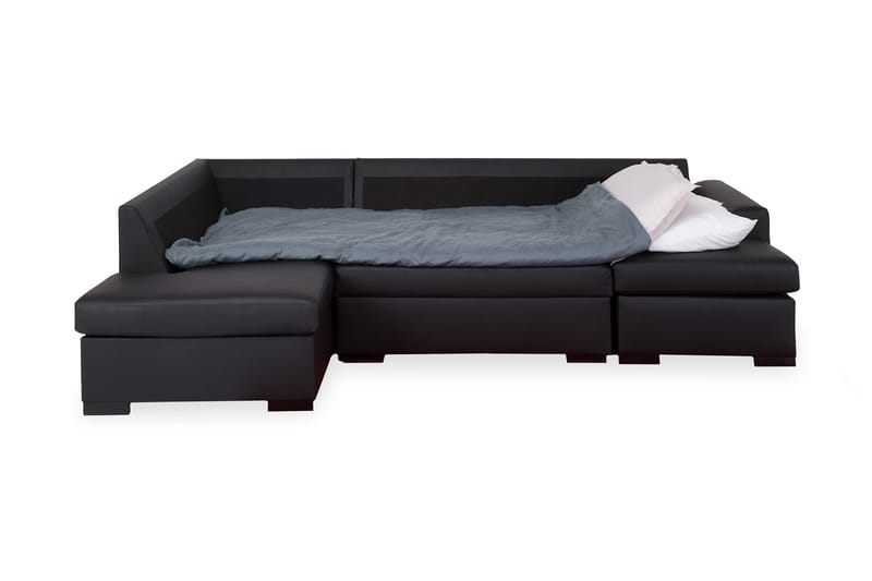 Porto 4-seters Venstrevendt U-formet Sofa med Divan og Sjeselong + Fotskammel i Kunstlær - Svart - Møbler - Sofaer - Skinnsofaer