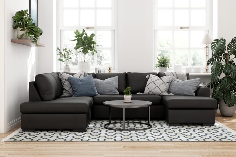 Porto 4-seters Venstrevendt U-formet Sofa med Divan og Sjeselong i Kunstskinn - Svart - Møbler - Sofaer - Skinnsofaer