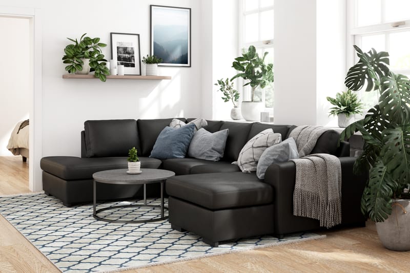 Porto 4-seters Venstrevendt U-formet Sofa med Divan og Sjeselong i Kunstskinn - Svart - Møbler - Sofaer - Skinnsofaer