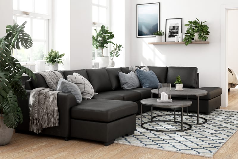 Porto 5-seters Høyrevendt U-formet Large Sofa med Divan og Sjeselong i Kunstskinn - Svart - Møbler - Sofaer - Skinnsofaer