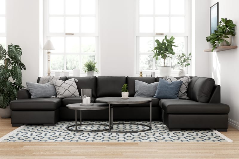 Porto 5-seters Høyrevendt U-formet Large Sofa med Divan og Sjeselong i Kunstskinn - Svart - Møbler - Sofaer - Skinnsofaer