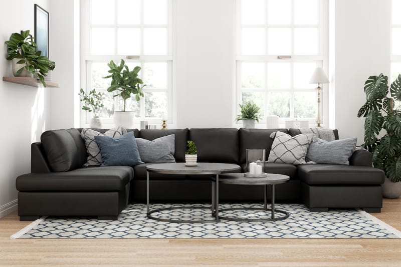 Porto 5-seters Venstrevendt U-formet Large Sofa med Divan og Sjeselong i Kunstskinn - Svart - Møbler - Sofaer - Skinnsofaer