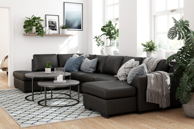 Porto 5-seters Venstrevendt U-formet Large Sofa med Divan og Sjeselong i Kunstskinn - Svart - Møbler - Sofaer - Skinnsofaer