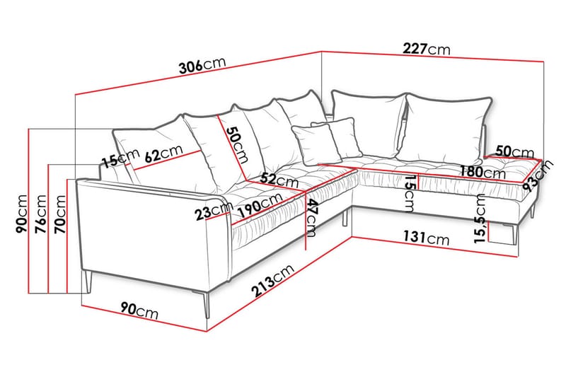 3-seters Hjørnesofa - Blå - Sofa med sjeselong - Fløyel sofaer - 3 seters sofa med divan