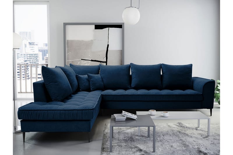 3-seters Hjørnesofa - Blå - Sofa med sjeselong - Fløyel sofaer - 3 seters sofa med divan